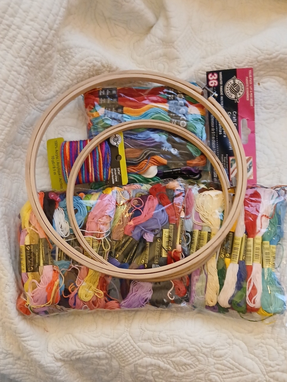 Embroidery Floss Approx 180 Skeins Assorted Colors Plus 2 Hoops